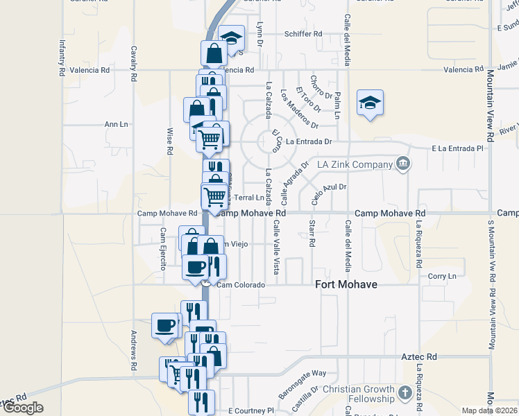 map of restaurants, bars, coffee shops, grocery stores, and more near 4494-4498 La Calzada in Fort Mohave