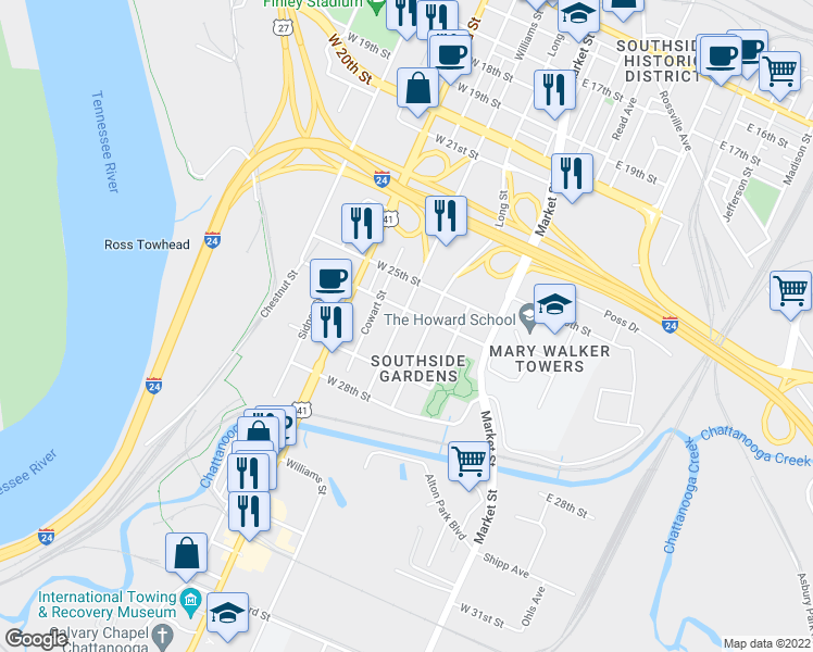 map of restaurants, bars, coffee shops, grocery stores, and more near 2606 Williams Street in Chattanooga
