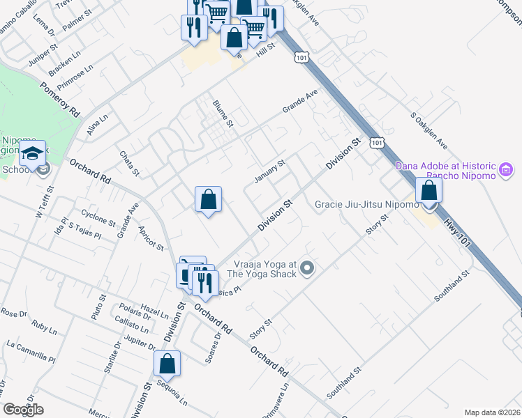 map of restaurants, bars, coffee shops, grocery stores, and more near 483 Violet Avenue in Nipomo