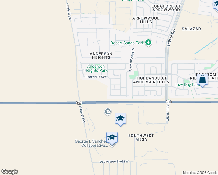 map of restaurants, bars, coffee shops, grocery stores, and more near 3131 Erratic Street Southwest in Albuquerque