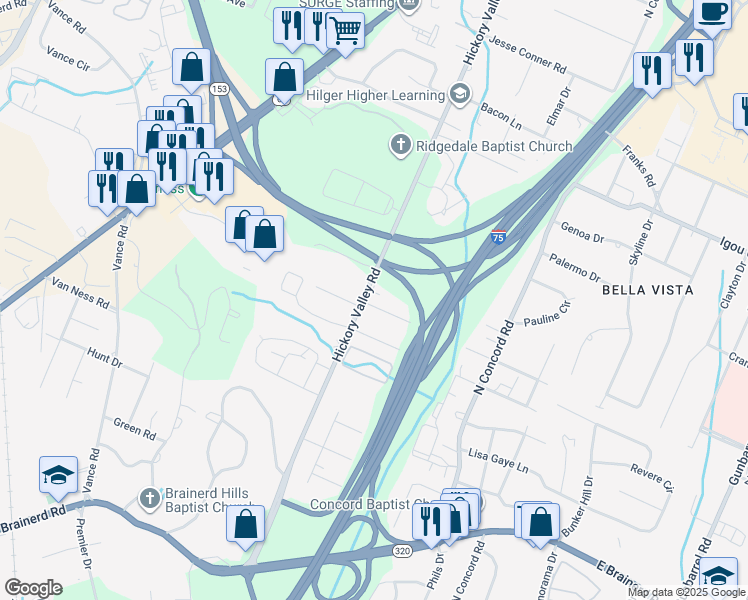 map of restaurants, bars, coffee shops, grocery stores, and more near 1622 Hickory Valley Road in Chattanooga