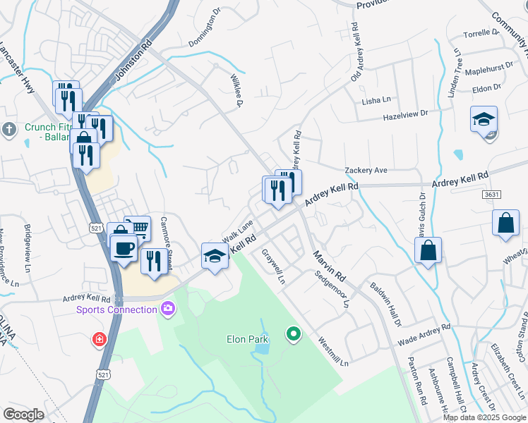 map of restaurants, bars, coffee shops, grocery stores, and more near 11058 Cedar Walk Lane in Charlotte