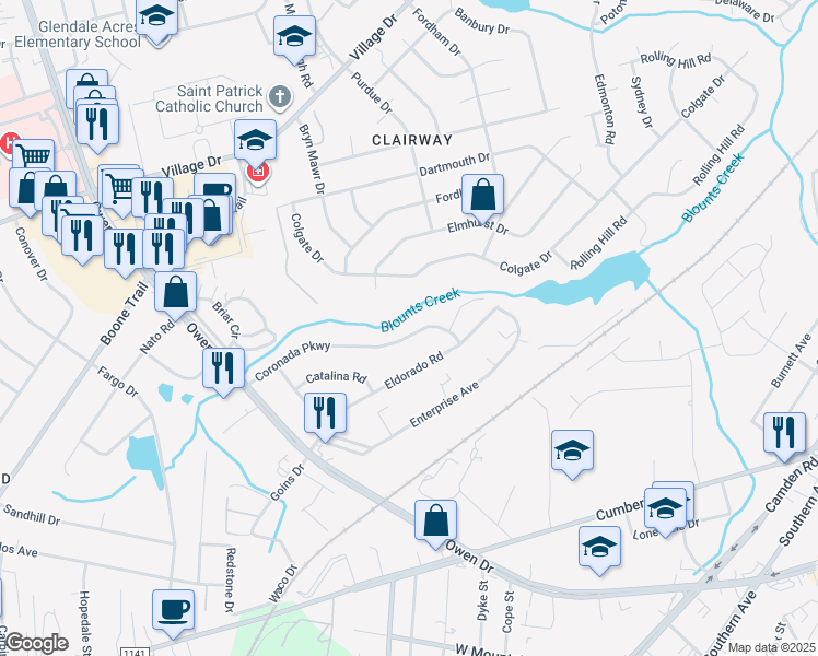 map of restaurants, bars, coffee shops, grocery stores, and more near 2802 Coronada Parkway in Fayetteville
