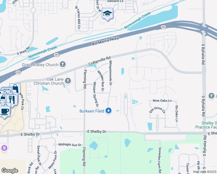 map of restaurants, bars, coffee shops, grocery stores, and more near 4485 Whisperwoods Drive in Collierville