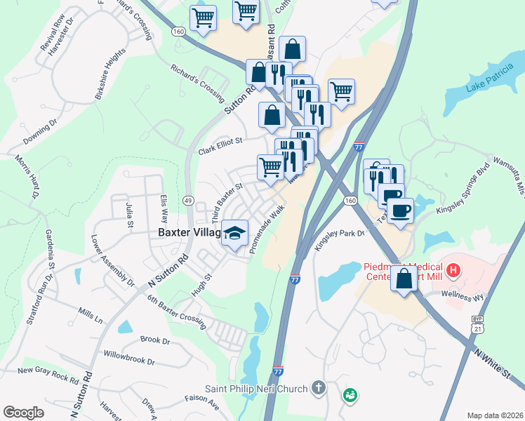 map of restaurants, bars, coffee shops, grocery stores, and more near 1047 Market Street in Fort Mill