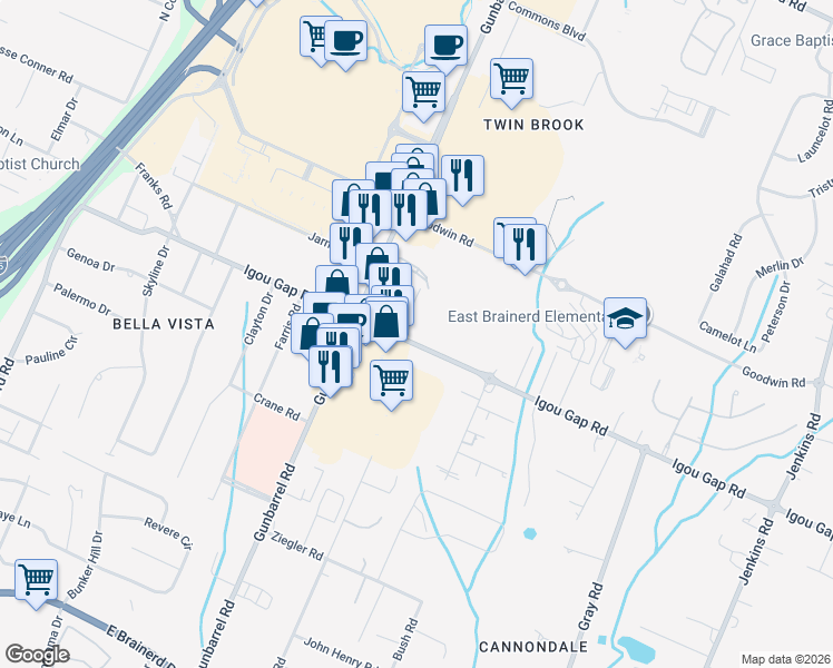 map of restaurants, bars, coffee shops, grocery stores, and more near 7415 Igou Gap Road in Chattanooga