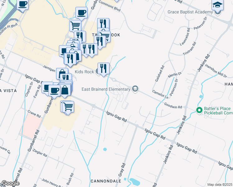 map of restaurants, bars, coffee shops, grocery stores, and more near 2019 Igou Crossing Drive in Chattanooga