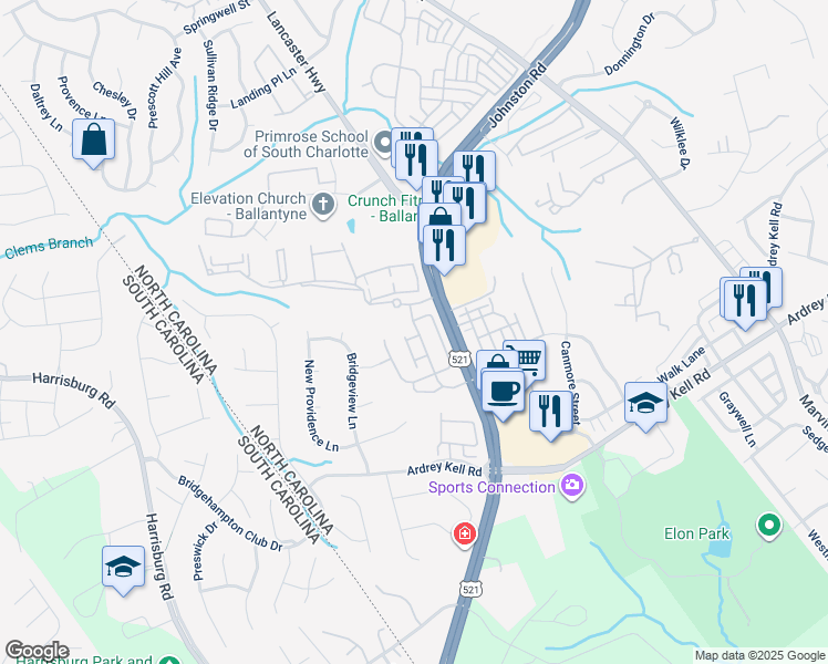 map of restaurants, bars, coffee shops, grocery stores, and more near 16204 Murphey Trail Lane in Charlotte