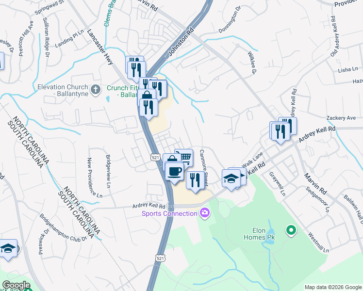 map of restaurants, bars, coffee shops, grocery stores, and more near 16331 Hawfield Way Drive in Charlotte
