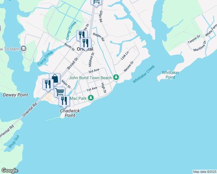 map of restaurants, bars, coffee shops, grocery stores, and more near 203 Vandemere Street in Oriental