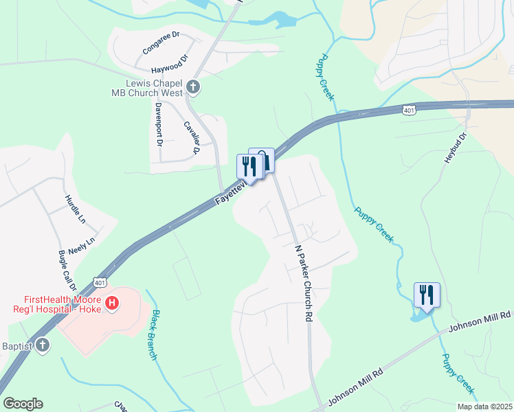 map of restaurants, bars, coffee shops, grocery stores, and more near 110 Digby Court in Raeford