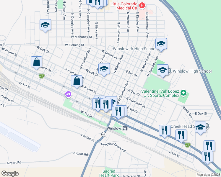 map of restaurants, bars, coffee shops, grocery stores, and more near 112 West Aspinwall Street in Winslow