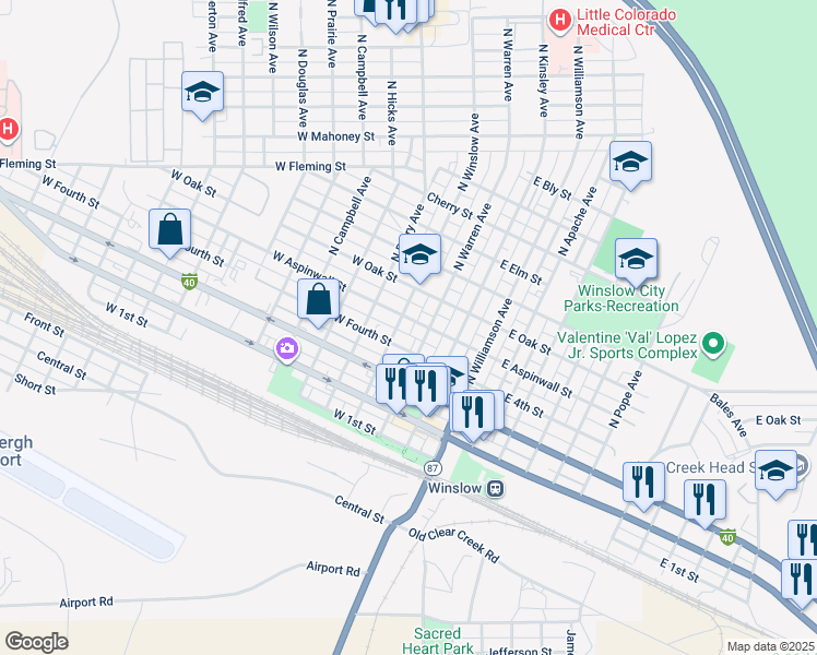 map of restaurants, bars, coffee shops, grocery stores, and more near 217 West Aspinwall Street in Winslow