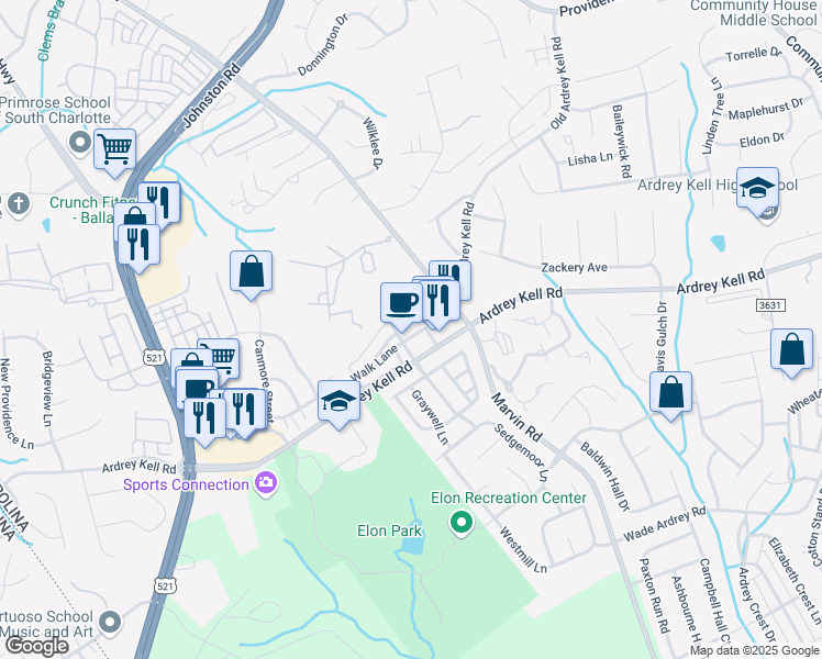 map of restaurants, bars, coffee shops, grocery stores, and more near 9638 Longstone Lane in Charlotte