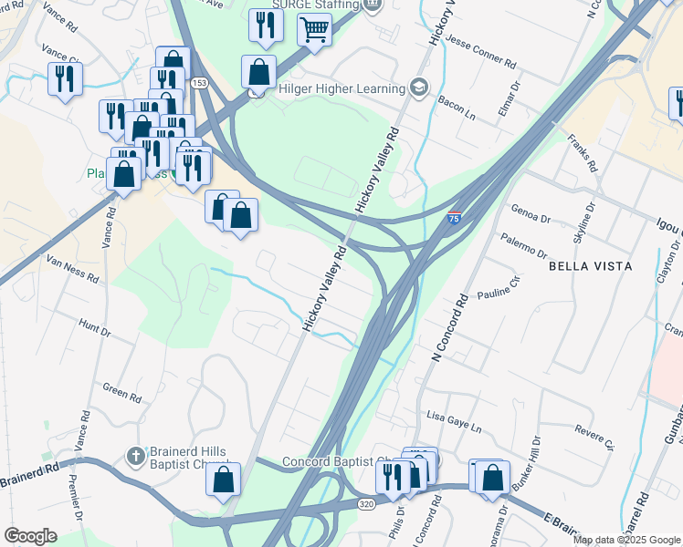 map of restaurants, bars, coffee shops, grocery stores, and more near 1622 Hickory Valley Road in Chattanooga