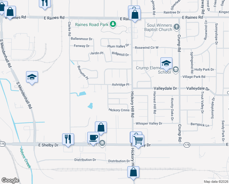 map of restaurants, bars, coffee shops, grocery stores, and more near 5820 Hickory Shadow Lane in Memphis