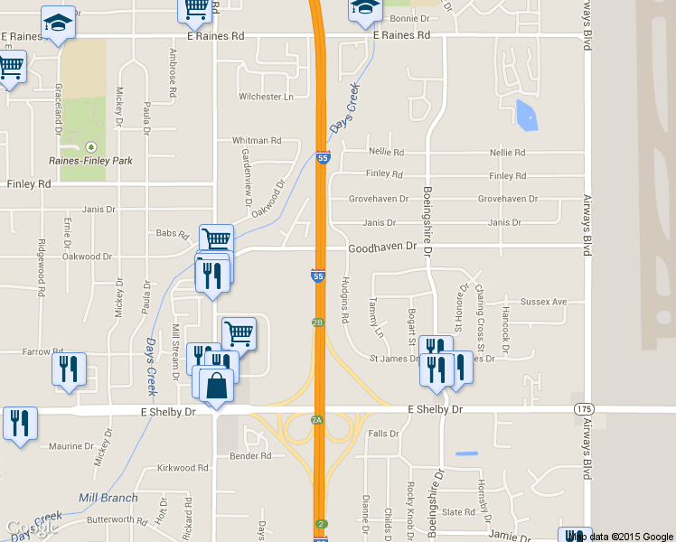 map of restaurants, bars, coffee shops, grocery stores, and more near 4475 Hudgins Road in Memphis