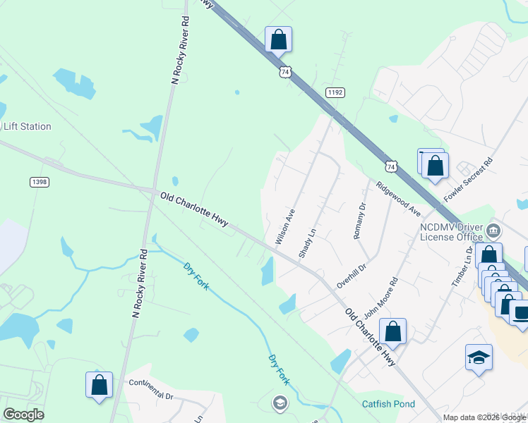 map of restaurants, bars, coffee shops, grocery stores, and more near 3412 Old Charlotte Highway in Monroe