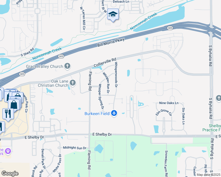 map of restaurants, bars, coffee shops, grocery stores, and more near 4485 Whisperwoods Drive in Collierville