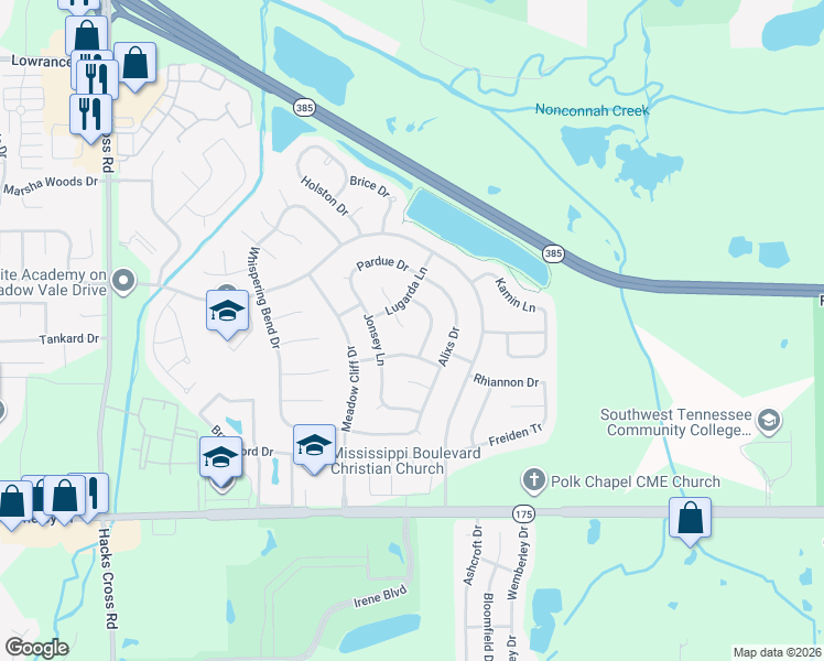 map of restaurants, bars, coffee shops, grocery stores, and more near 4470 South Kanita Cove in Memphis