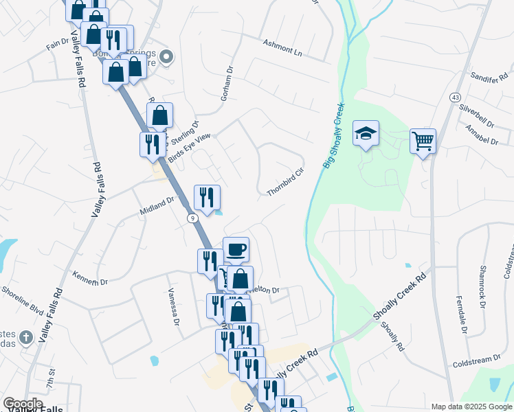 map of restaurants, bars, coffee shops, grocery stores, and more near 115 Oriole Court in Boiling Springs