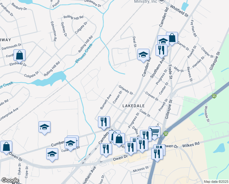 map of restaurants, bars, coffee shops, grocery stores, and more near 1919 Burnett Avenue in Fayetteville