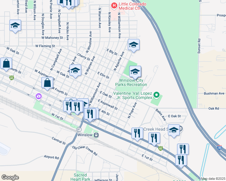 map of restaurants, bars, coffee shops, grocery stores, and more near 621 North Colorado Avenue in Winslow