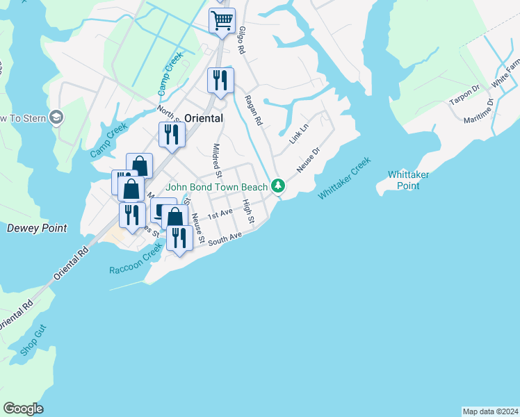 map of restaurants, bars, coffee shops, grocery stores, and more near 203 Vandemere Street in Oriental