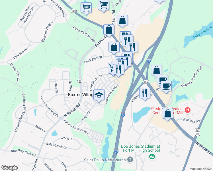 map of restaurants, bars, coffee shops, grocery stores, and more near 1056 Market Street in Fort Mill