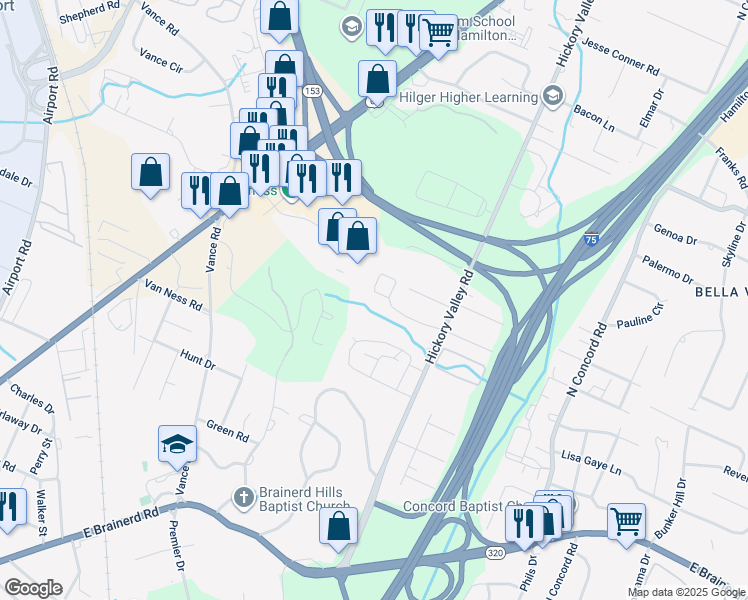 map of restaurants, bars, coffee shops, grocery stores, and more near 6543 Hickory Trace Circle in Chattanooga