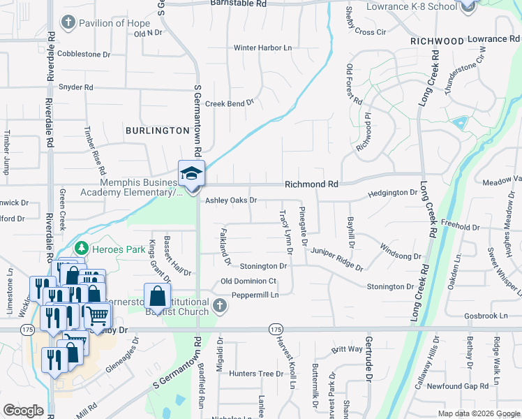 map of restaurants, bars, coffee shops, grocery stores, and more near 4461 Smithfield Cove in Memphis