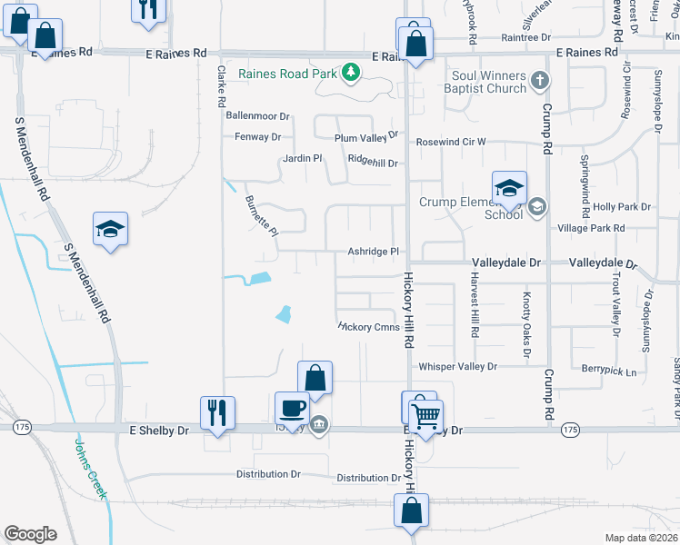 map of restaurants, bars, coffee shops, grocery stores, and more near 5820 Hickory Shadow Lane in Memphis