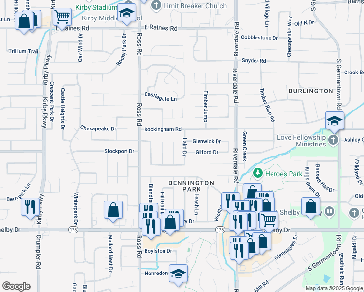 map of restaurants, bars, coffee shops, grocery stores, and more near 4471 Laird Drive in Memphis