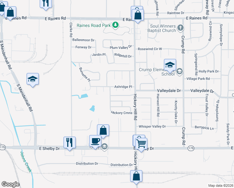 map of restaurants, bars, coffee shops, grocery stores, and more near 5820 Hickory Shadow Lane in Memphis