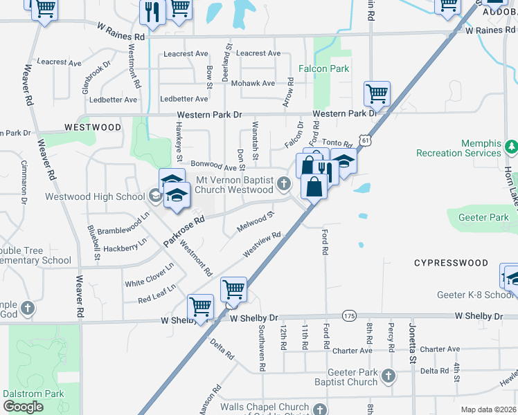 map of restaurants, bars, coffee shops, grocery stores, and more near 639 Parkrose Road in Memphis