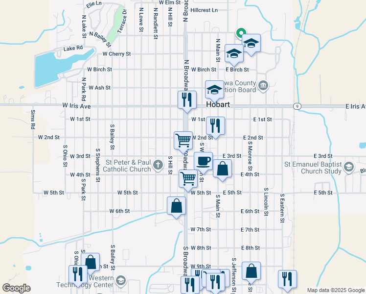 map of restaurants, bars, coffee shops, grocery stores, and more near 215 South Broadway Avenue in Hobart
