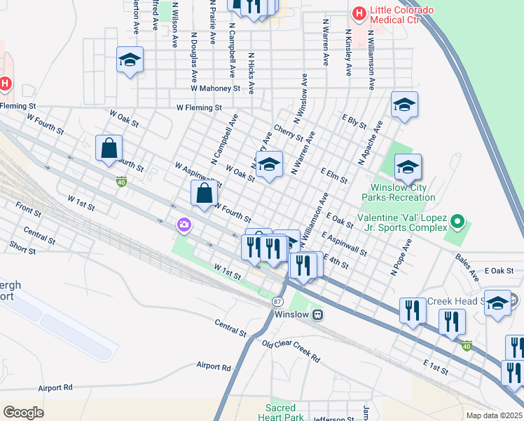 map of restaurants, bars, coffee shops, grocery stores, and more near 217 West Aspinwall Street in Winslow