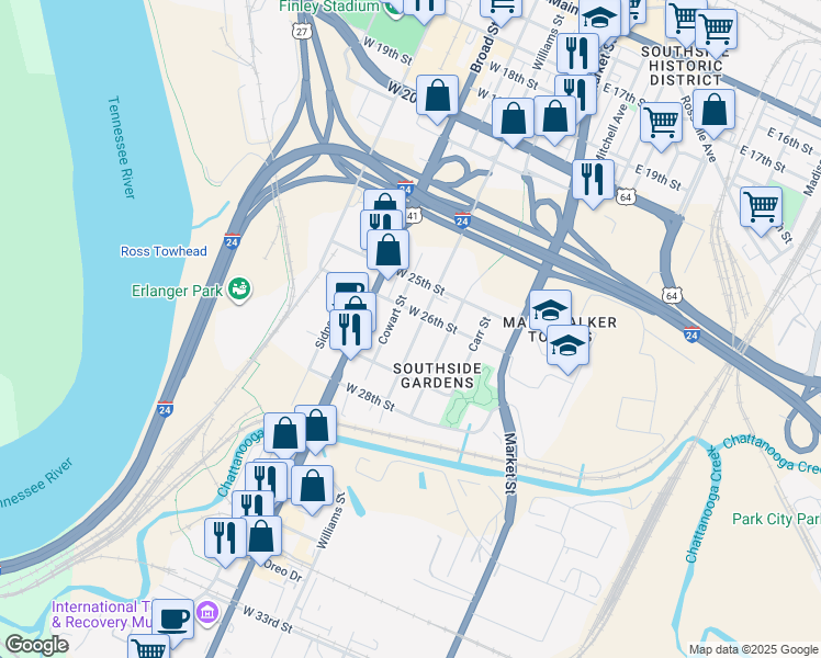 map of restaurants, bars, coffee shops, grocery stores, and more near 2611 Williams Street in Chattanooga