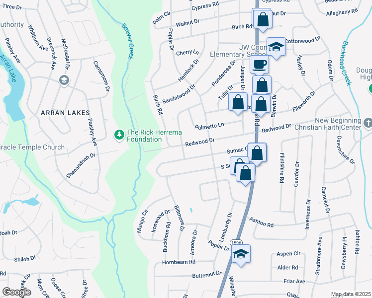 map of restaurants, bars, coffee shops, grocery stores, and more near 5221 Redwood Drive in Fayetteville