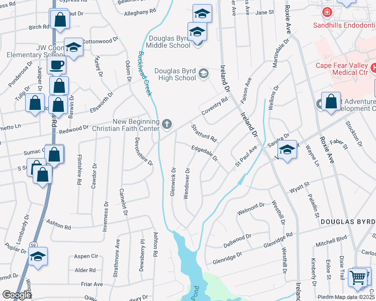map of restaurants, bars, coffee shops, grocery stores, and more near 4305 Edgedale Dr in Fayetteville