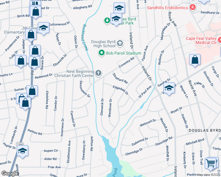 map of restaurants, bars, coffee shops, grocery stores, and more near 4305 Edgedale Dr in Fayetteville