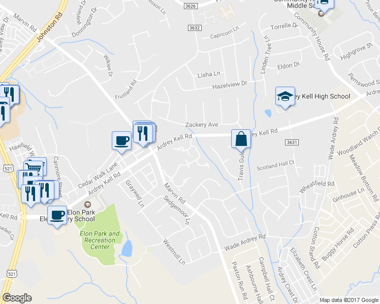 map of restaurants, bars, coffee shops, grocery stores, and more near 10917 Princeton Village Drive in Charlotte