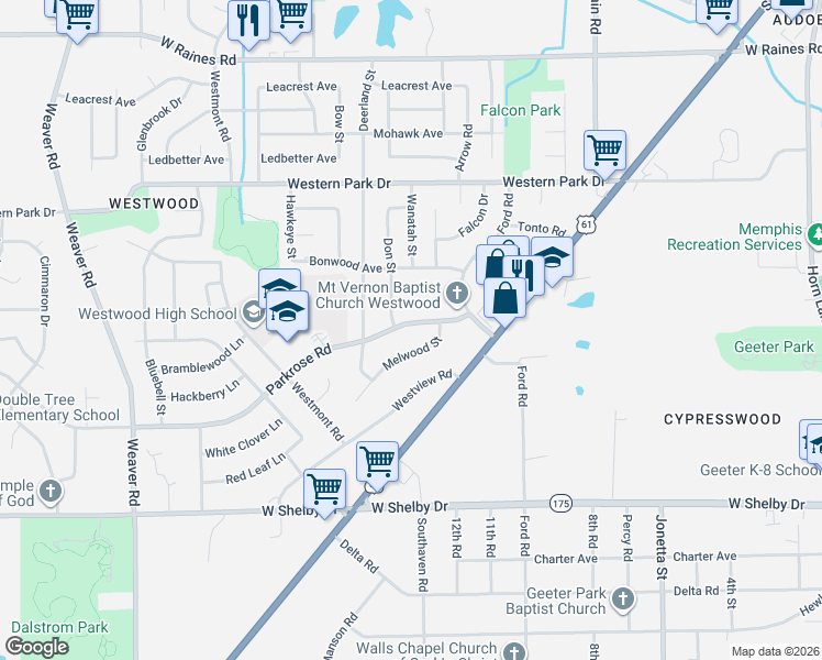 map of restaurants, bars, coffee shops, grocery stores, and more near 639 Parkrose Road in Memphis