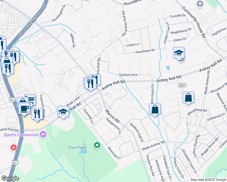 map of restaurants, bars, coffee shops, grocery stores, and more near 10991 Princeton Village Drive in Charlotte