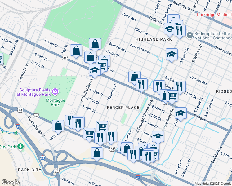 map of restaurants, bars, coffee shops, grocery stores, and more near 1600 East 16th Street in Chattanooga