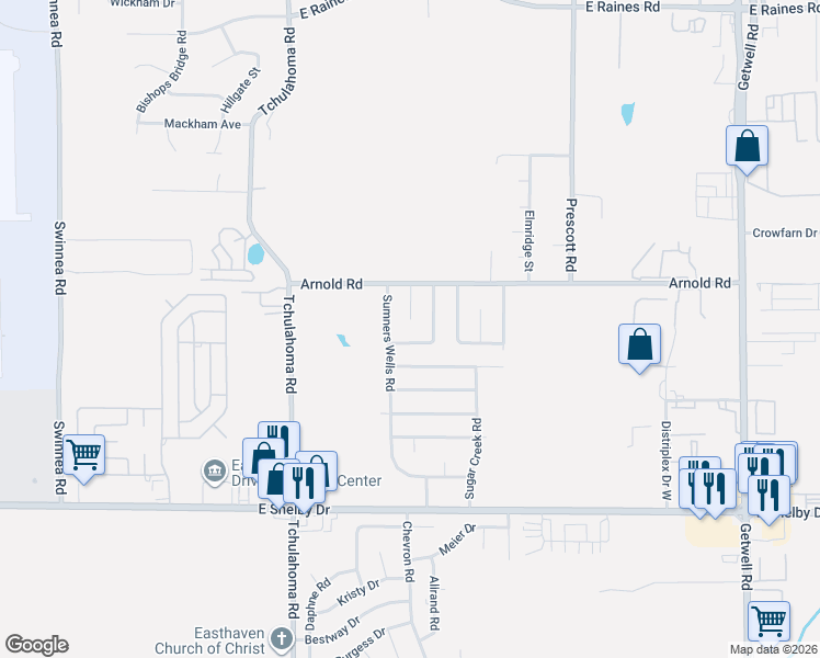 map of restaurants, bars, coffee shops, grocery stores, and more near 4466 Sumners Wells Road in Memphis