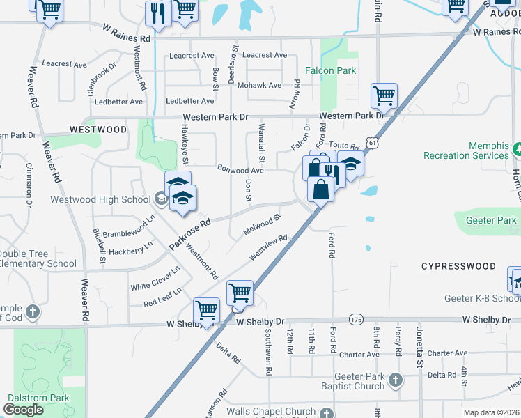 map of restaurants, bars, coffee shops, grocery stores, and more near 639 Parkrose Road in Memphis
