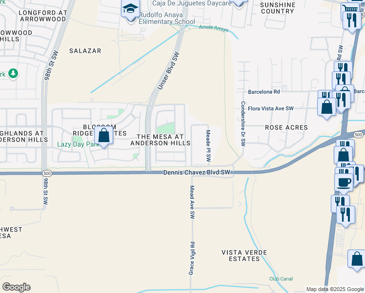 map of restaurants, bars, coffee shops, grocery stores, and more near 3305 Mata Ortiz Drive Southwest in Albuquerque
