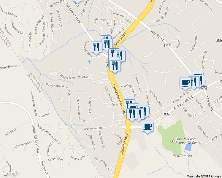 map of restaurants, bars, coffee shops, grocery stores, and more near 12001 Elizabeth Madison Court in Charlotte