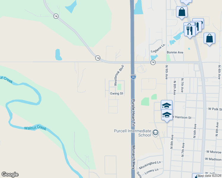 map of restaurants, bars, coffee shops, grocery stores, and more near 1214 Mayes Street in Purcell